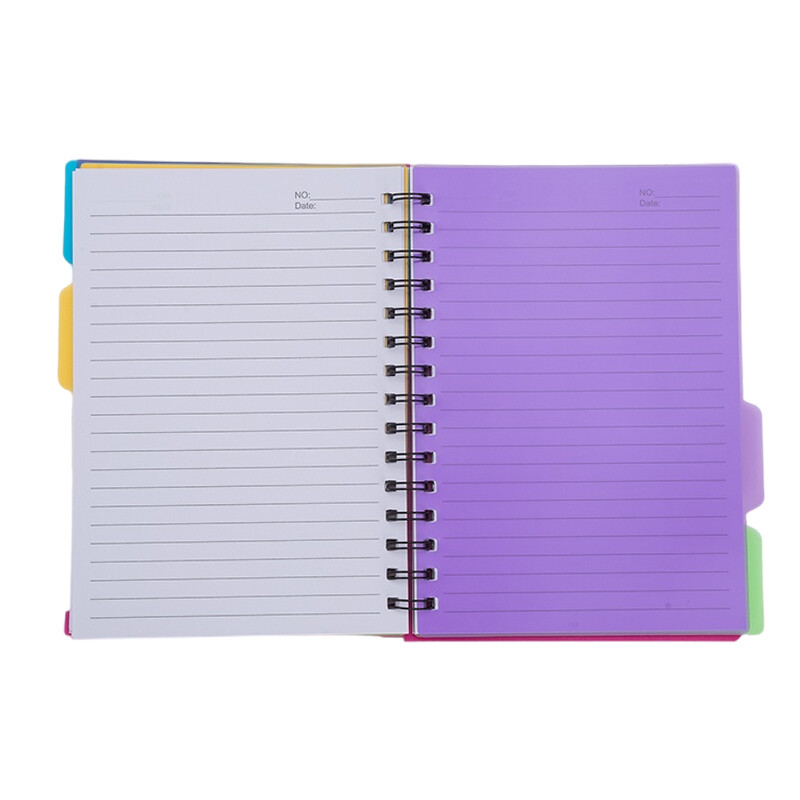 96 lokšņu spirālveida piezīmju grāmatiņa ar 4 atdalītāja lapām A4/A5 izmēri, rindu lapas, zila zaļa, melna roze, piezīmju grāmatiņa