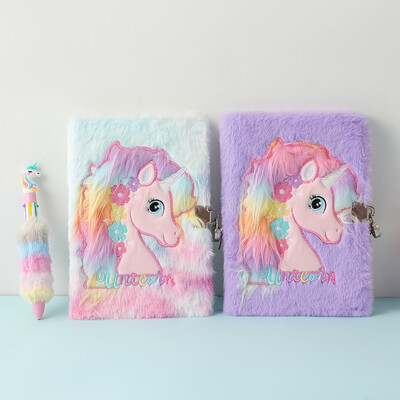 2023 New Cartoon Plush Locked A5 Notebook for Children`s Cute Unicorn Diary Book Student Gift Reward