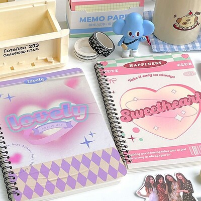 IFFVGX A5 Notebook Pink Heart Coil Notebooks Retro Purple Rhombus Note Book Student Stationery Kawaii School Supplies Planner