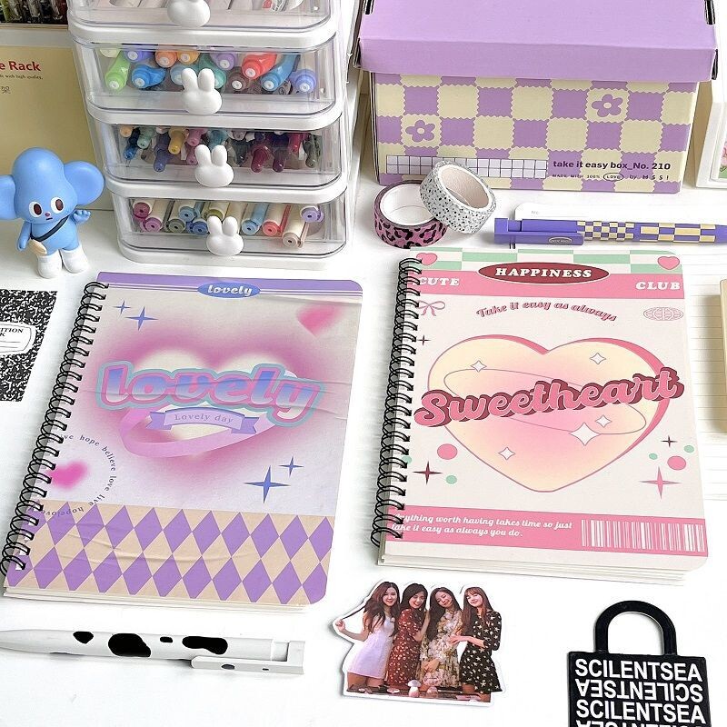 IFFVGX A5 Caiet Roz Inimă Bobina Caiete Retro Mov Romboi Note Book Papetărie pentru studenți Kawaii Rechizite școlare Planner