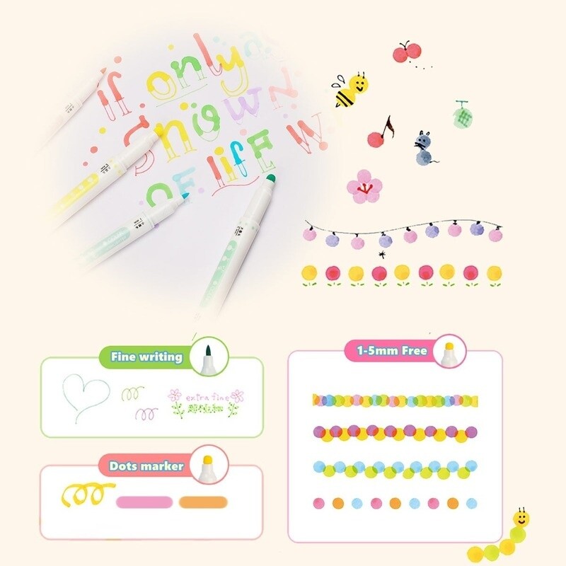 6 tk/partii värvilised täpimarkerid pliiatsid kirjatarbed esiletõstjate komplekt, kahe otsaga ümmargused veekindlad akvarellmaalimise kunstitarbed