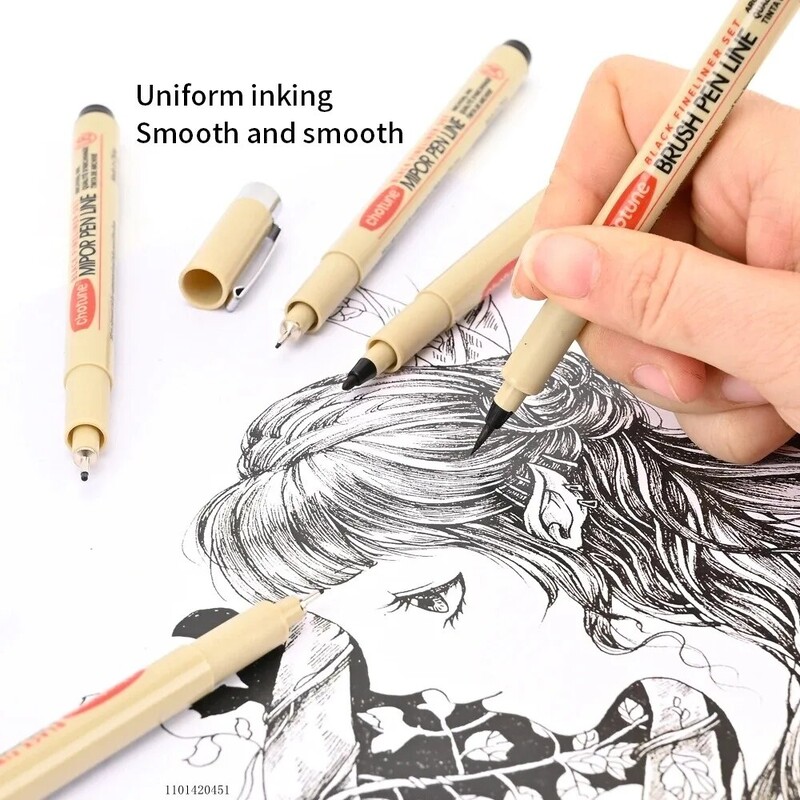 12Pcs Pigment Fineliner Химикалки Кука Liner Маркери за скици Рисуване Водоустойчиви артикули Манга Комикс Почерк Черен