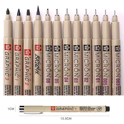 12 gab Pigment Liner Pigma Micron tintes marķiera pildspalva 0,05 0,1 0,2 0,3 0,4 0,5 0,7 0,8 dažādi uzgali, melna smalka skicēšanas pildspalva