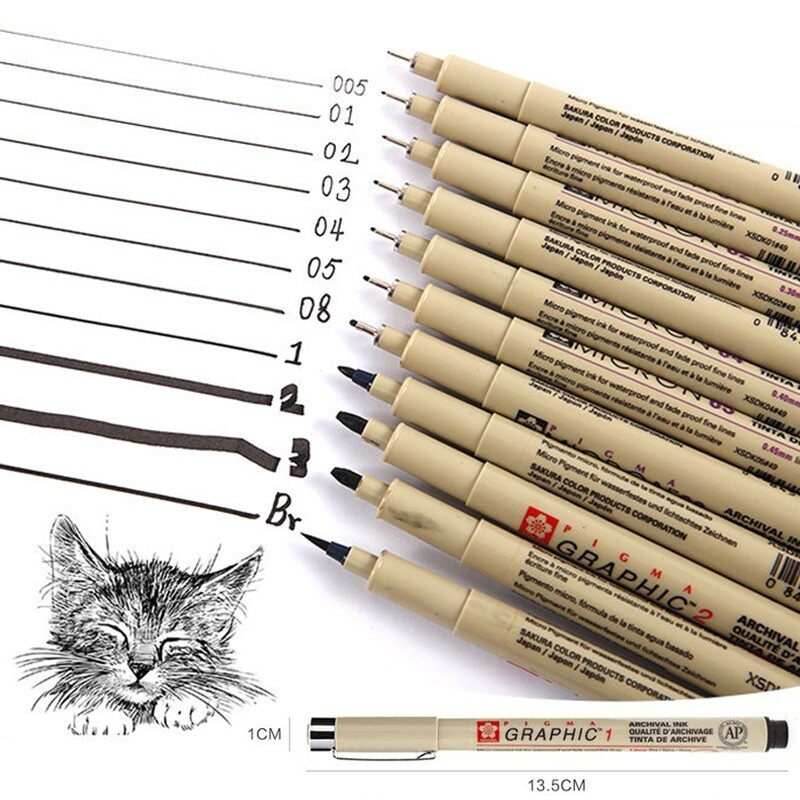 12 tk Pigment Liner Pigma Micron Ink Marker Pliiats 0,05 0,1 0,2 0,3 0,4 0,5 0,7 0,8 erineva otsaga must peeneteraline joonistuspliiats