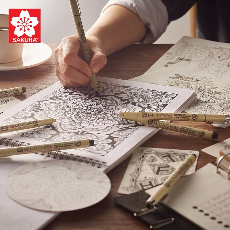 12 tk Pigment Liner Pigma Micron Ink Marker Pliiats 0,05 0,1 0,2 0,3 0,4 0,5 0,7 0,8 erineva otsaga must peeneteraline joonistuspliiats