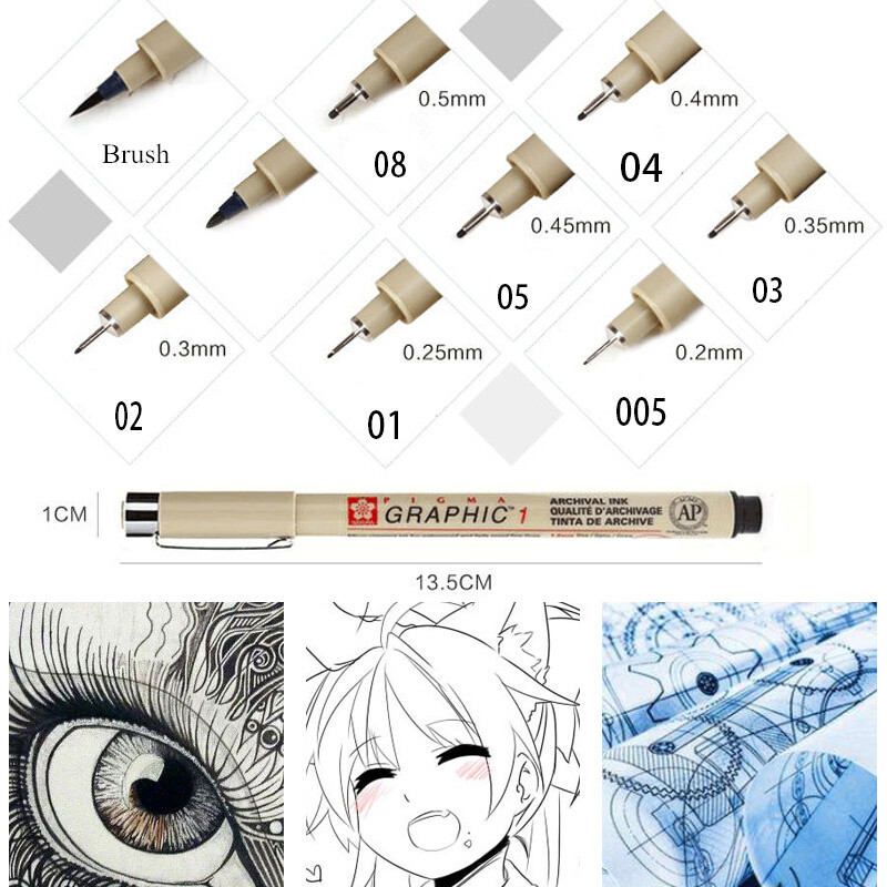 12 tk Pigment Liner Pigma Micron Ink Marker Pliiats 0,05 0,1 0,2 0,3 0,4 0,5 0,7 0,8 erineva otsaga must peeneteraline joonistuspliiats