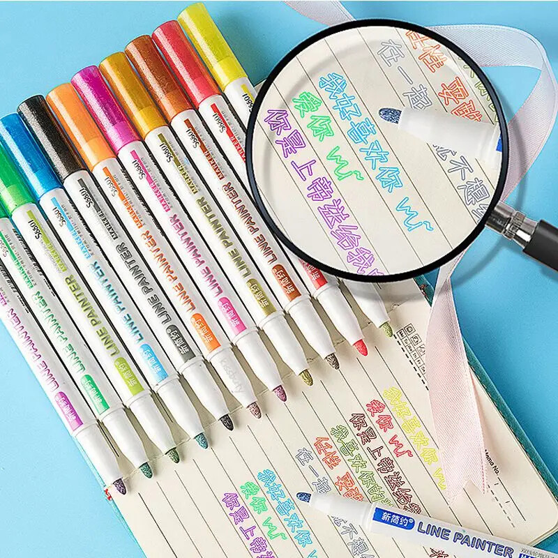 8/12 värvid Kahejooneline pliiats Kontuur Värv Marker Pliiatsid Isetegemine Album Scrapbooking Metal Marker Esiletõstja Joonistus Maalimine Doodling