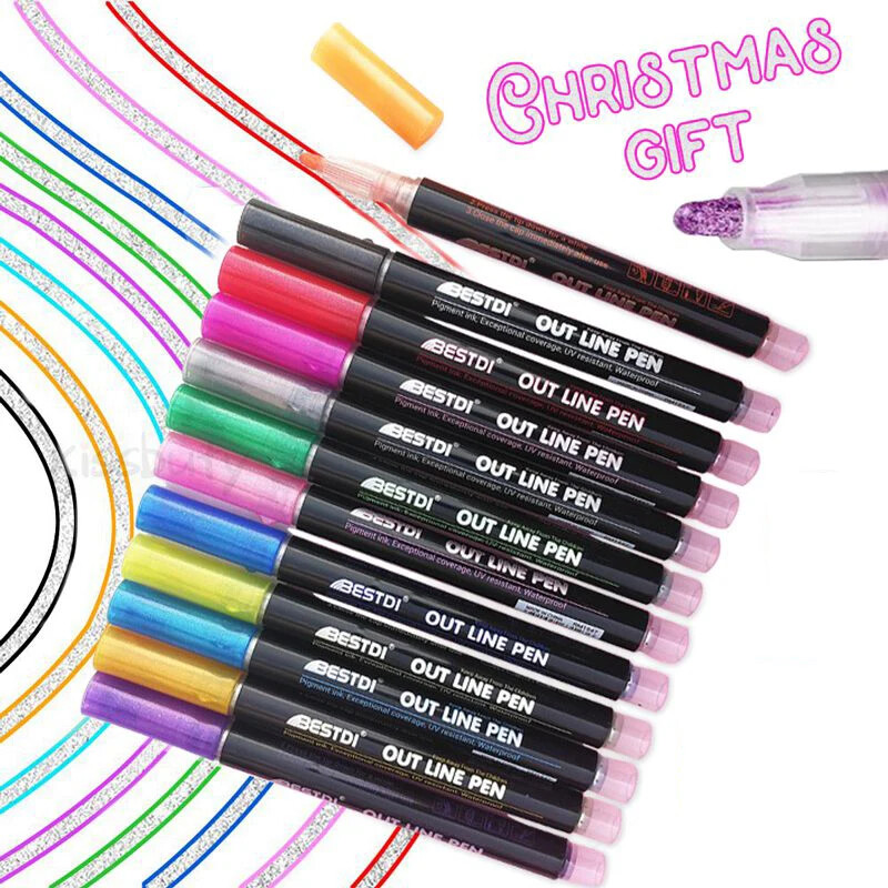 8/12 värvid Kahejooneline pliiats Kontuur Värv Marker Pliiatsid Isetegemine Album Scrapbooking Metal Marker Esiletõstja Joonistus Maalimine Doodling