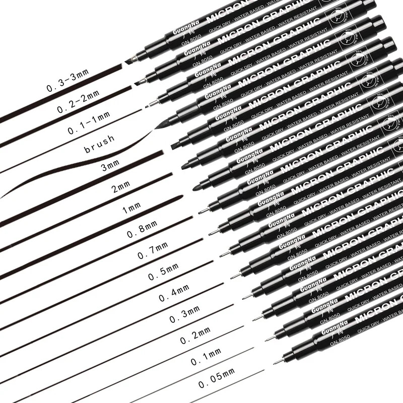 15 Otsake Käsitsi kiri Neelde Joonistuspliiats Pigmentvooderdus Mikronpliiats 005 01 02 03 04 05 08 1.0 Pintsli peenjoon Joonistuskunsti markerid