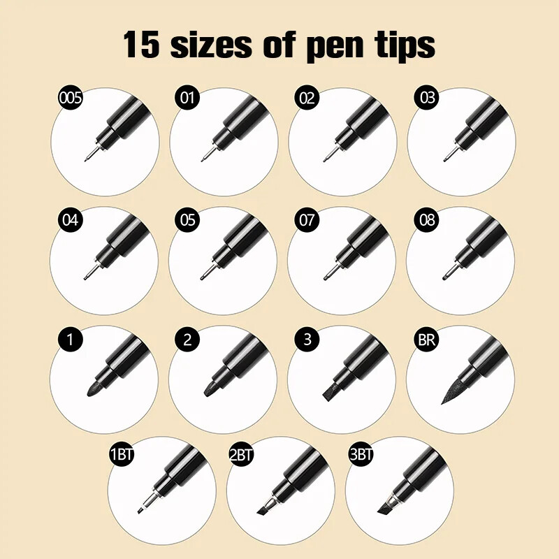 15 Otsake Käsitsi kiri Neelde Joonistuspliiats Pigmentvooderdus Mikronpliiats 005 01 02 03 04 05 08 1.0 Pintsli peenjoon Joonistuskunsti markerid