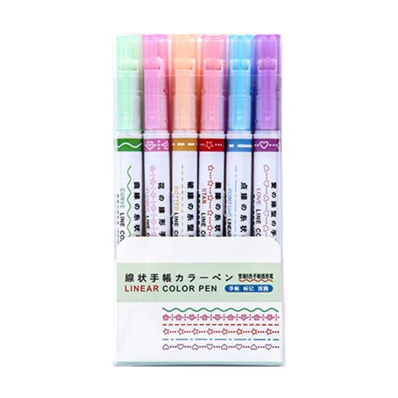 Loominguline 6-värviline käsiraamat pitspliiats, laineline lilleline esiletõstja DIY kontuurikõvera pliiats õpilase märgistuspliiatsi kangavärv