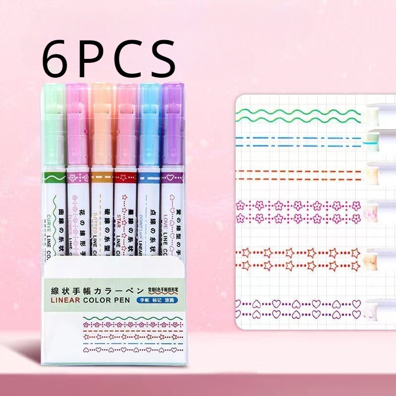 Loominguline 6-värviline käsiraamat pitspliiats, laineline lilleline esiletõstja DIY kontuurikõvera pliiats õpilase märgistuspliiatsi kangavärv