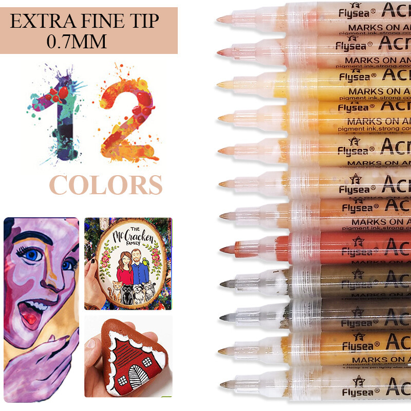 12 krāsu 0,7 mm/otas uzgalis ādas toņa akrila krāsas pildspalvu komplekts, krāsas marķieri kokam, stiklam, audumam, akmeņu krāsošanas krāsu pildspalvām Art