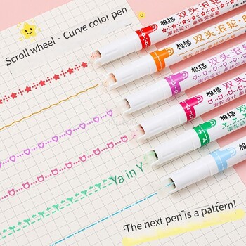 6 τμχ Dual Tip Kawaii Line Shaped Highlighter Στυλό Art Marker Multi Colorful Roller Tip Curve Liner Gel Pen Stationery School