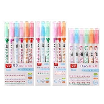 6 τμχ Dual Tip Kawaii Line Shaped Highlighter Στυλό Art Marker Multi Colorful Roller Tip Curve Liner Gel Pen Stationery School