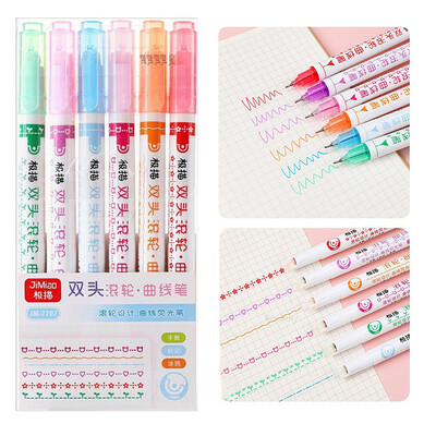 6 бр. Химикалки за хайлайтъри с двоен връх Kawaii Line Shaped Art Marker Multicolorful Roller Tip Curve Liner Gel Pen Канцеларски материали Училище
