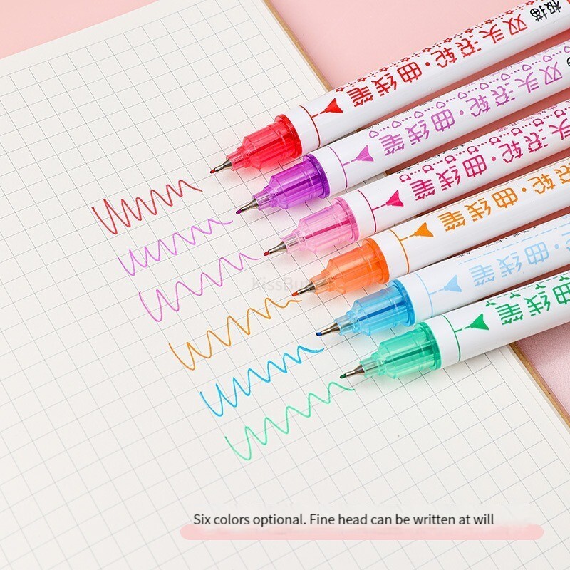 6 бр. Химикалки за хайлайтъри с двоен връх Kawaii Line Shaped Art Marker Multicolorful Roller Tip Curve Liner Gel Pen Канцеларски материали Училище