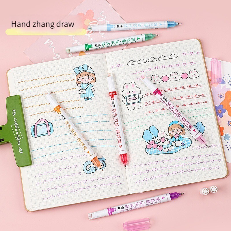 6 бр. Химикалки за хайлайтъри с двоен връх Kawaii Line Shaped Art Marker Multicolorful Roller Tip Curve Liner Gel Pen Канцеларски материали Училище