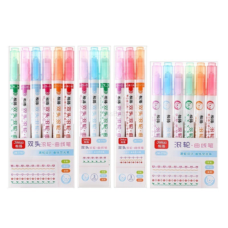 6 бр. Химикалки за хайлайтъри с двоен връх Kawaii Line Shaped Art Marker Multicolorful Roller Tip Curve Liner Gel Pen Канцеларски материали Училище