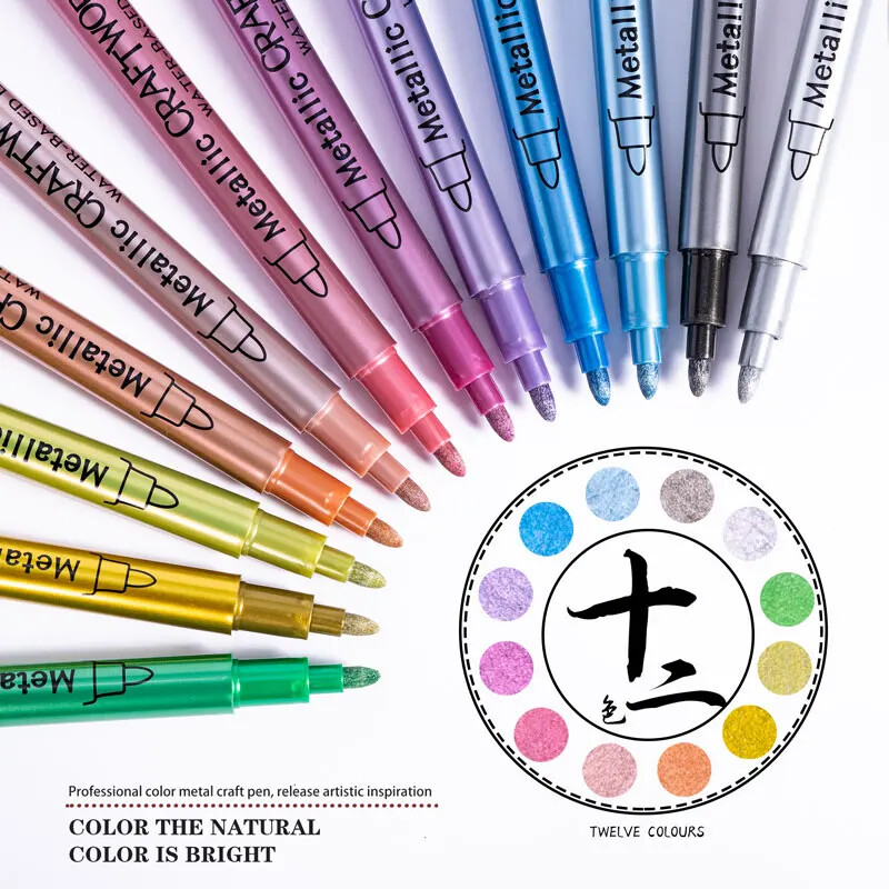 12 värvi metallist markerpliiatsid, värvimarkerid kunstniku illustratsioonide jaoks, käsitöö, kinkekaartide valmistamine, isetegemise fotoalbum
