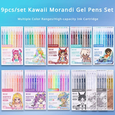 9 buc/set Kawaii Morandi pixuri Gel Set Markere de artă Pixuri cu cerneală gel multicolore Pix cu bilă pentru școală Papetărie de birou Pix cadou