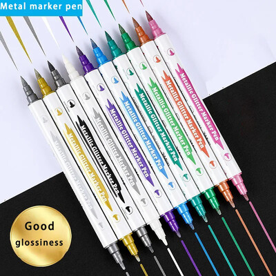 10pcs Metallic Glitter Dual Tip Marker Pens Calligraphy Brush Pens Crafts Card Making Art Pen Drawing Stationery Office Supplies