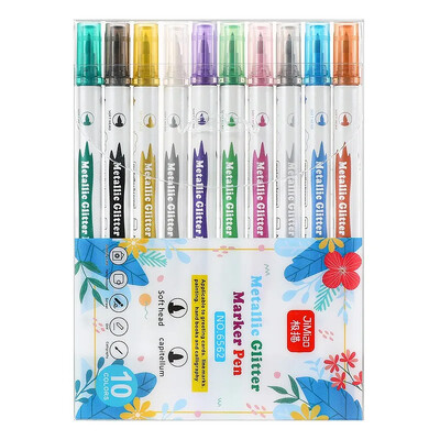 10 buc. Pixuri marcatoare cu sclipici metalice cu două vârfuri, pixuri perie de caligrafie, artizanat, creare de cărți, pix, desen, articole de papetărie, rechizite de birou