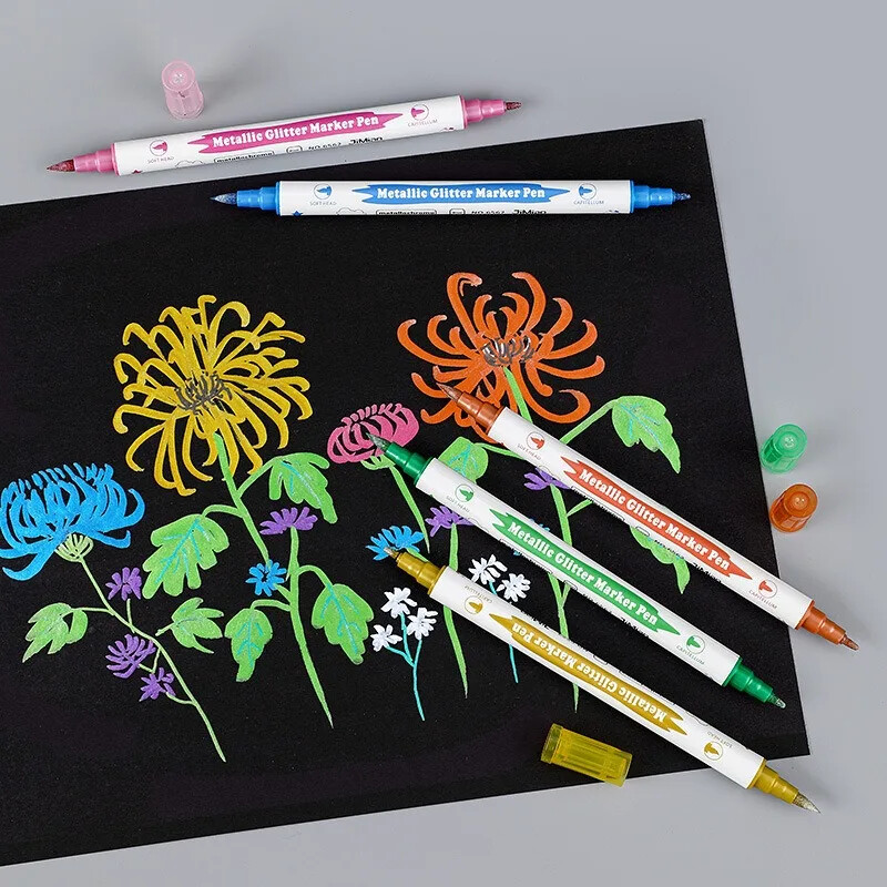 10 buc. Pixuri marcatoare cu sclipici metalice cu două vârfuri, pixuri perie de caligrafie, artizanat, creare de cărți, pix, desen, articole de papetărie, rechizite de birou