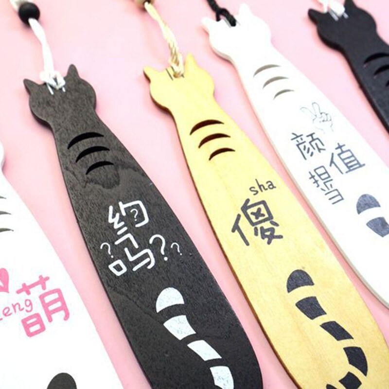 Изящна котка, четяща отметка, канцеларски материали, маркировка, дървена карикатура, кламер за книги, сладък кавай, книга, маркер за страница, ученик