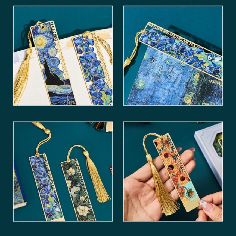 Saulespuķu zvaigžņota nakts grāmatzīmes grebums retro eļļas glezna doba grāmatas zīme bērniem lasīšanas piederumi atpakaļ uz skolu izlaiduma dāvana