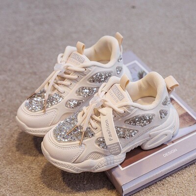 Пролетна мода 2022 г. Детски маратонки със стрази Блестящи детски спортове за свободното време на открито Бели обувки Червени детски обувки за момичета за малко дете