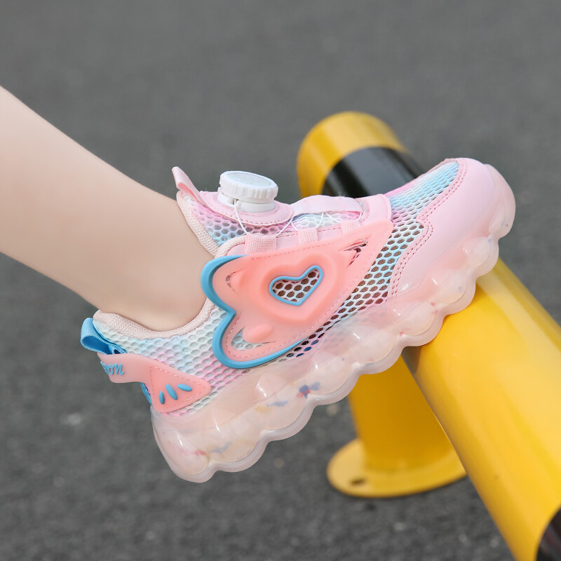 Tudengite tüdrukute sandaalid Suvi 2024 uued pöörleva nupuga laste spordivõrkkingad Õõnes tüdrukute hingavad üksikud kingad