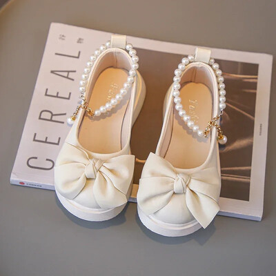 Laste moodsad mustad nahast kingad pärlketiga vibuga, armsa tüdruku Mary Janes 2024 uued laste mitmekülgsed pulmapeokingad