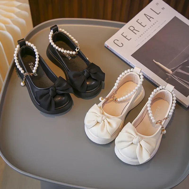 Laste moodsad mustad nahast kingad pärlketiga vibuga, armsa tüdruku Mary Janes 2024 uued laste mitmekülgsed pulmapeokingad
