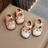 Meiteņu jaukās princeses kurpes Bērnu eleganti modes ādas apavi ar ziediem 2024. gada jauni bērnu apavi ar mīksto zoli, plakani apavi ballītēm kāzām