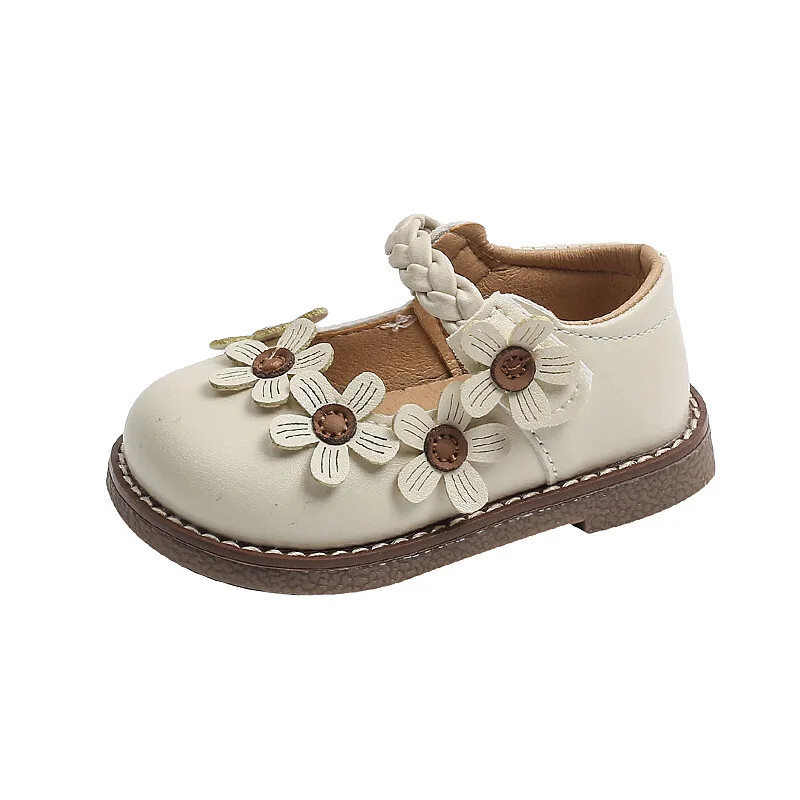 Meiteņu jaukās princeses kurpes Bērnu eleganti modes ādas apavi ar ziediem 2024. gada jauni bērnu apavi ar mīksto zoli, plakani apavi ballītēm kāzām