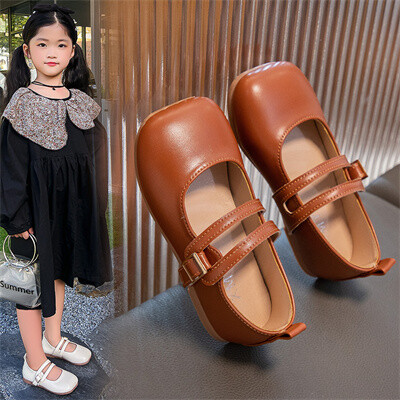 Кожени обувки с квадратни пръсти и нехлъзгаща се мека подметка за момичета, кафяви/бежови, нови PU ежедневни обувки за момичета 2024, пролет и есен, размер 23-33