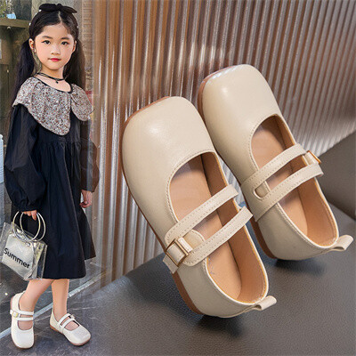 Кожени обувки с квадратни пръсти и нехлъзгаща се мека подметка за момичета, кафяви/бежови, нови PU ежедневни обувки за момичета 2024, пролет и есен, размер 23-33