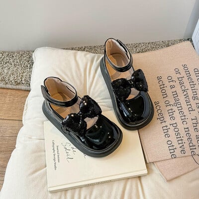 Jaunas meiteņu spīdīgas lakādas apavi Mirdzoši tauriņi Eleganti pavasara rudens meiteņu apavi ar augstu augšējo potīti, bērnu apavi H07301