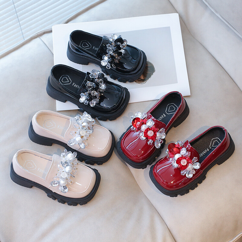 Pērļu rhinestone Flower apaļas purngala meitenes ādas apavi pavasara rudens āra PU Princeses ādas apavi Sandalias De Mujer