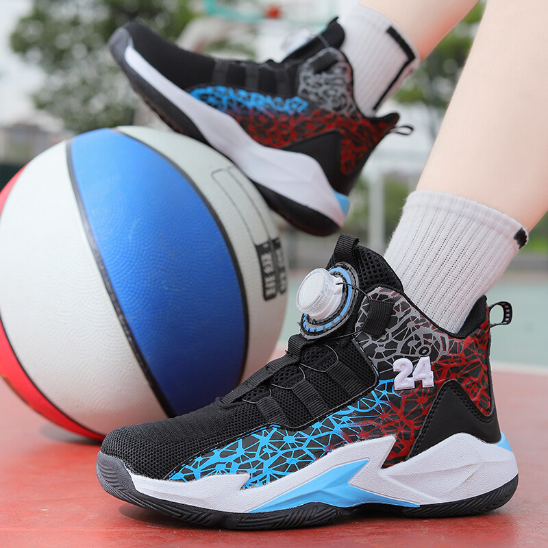 Uus saabumine Laste korvpallijalatsid poistele tossud, pööratav pandla disain, võrk, hingav laste välistreeningu jalatsid