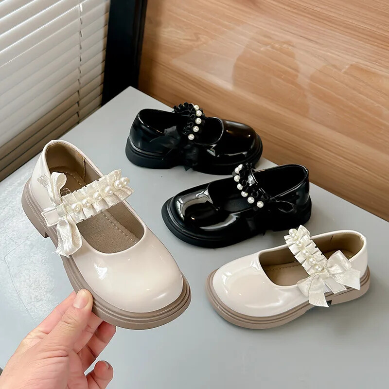 Tüdrukute printsessikingad lastele Läikivad mustad nahast kingad magusa plisseeritud tüdruku Mary Jane'i külgmise temperamendiga paksu tallaga