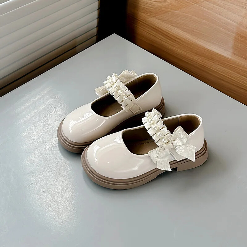 Tüdrukute printsessikingad lastele Läikivad mustad nahast kingad magusa plisseeritud tüdruku Mary Jane'i külgmise temperamendiga paksu tallaga