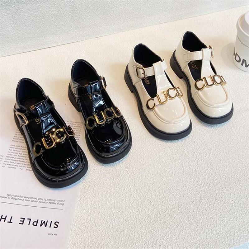 μεταλλική αλυσίδα για κορίτσια Λάκα δερμάτινα παπούτσια κολεγιακού στυλ μαύρα φοιτητικά μονό παπούτσια 2023 άνοιξη/φθινόπωρο νέα παιδικά παπούτσια