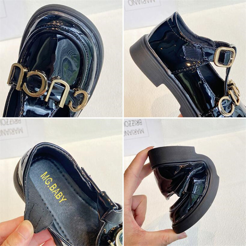 μεταλλική αλυσίδα για κορίτσια Λάκα δερμάτινα παπούτσια κολεγιακού στυλ μαύρα φοιτητικά μονό παπούτσια 2023 άνοιξη/φθινόπωρο νέα παιδικά παπούτσια
