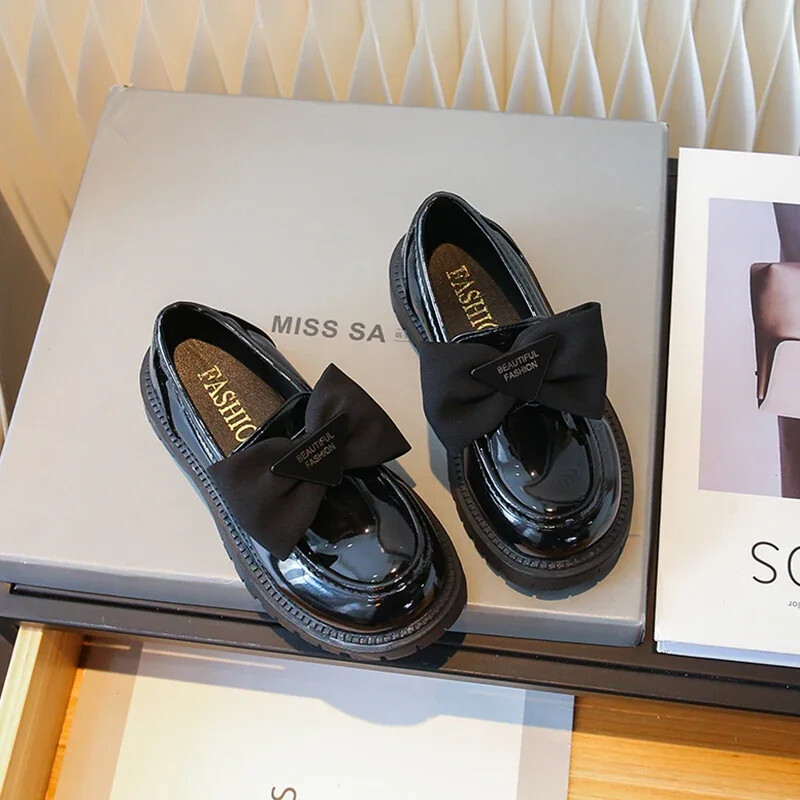 Kožna cipela za djevojčice za zabavu, vjenčanje, modna dječja obuća za nastup, dječje plitke mokasine s mašnom, jednostavne, neklizajuće