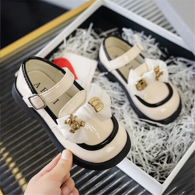 Skolnieces Mary Janes Bowknot Bear Luksusa bērnu ādas apavi melni smilškrāsas pārklājuma purngals 26-37 gaiši rudens bērnu viena apavi