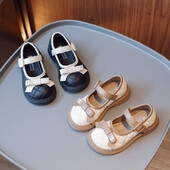 Pantofi din piele pentru fete bej/negru cu fundă anti-alunecare vârf rotund, primăvară și toamnă în aer liber pantofi din piele PU pentru fete Sandalias De Mujer