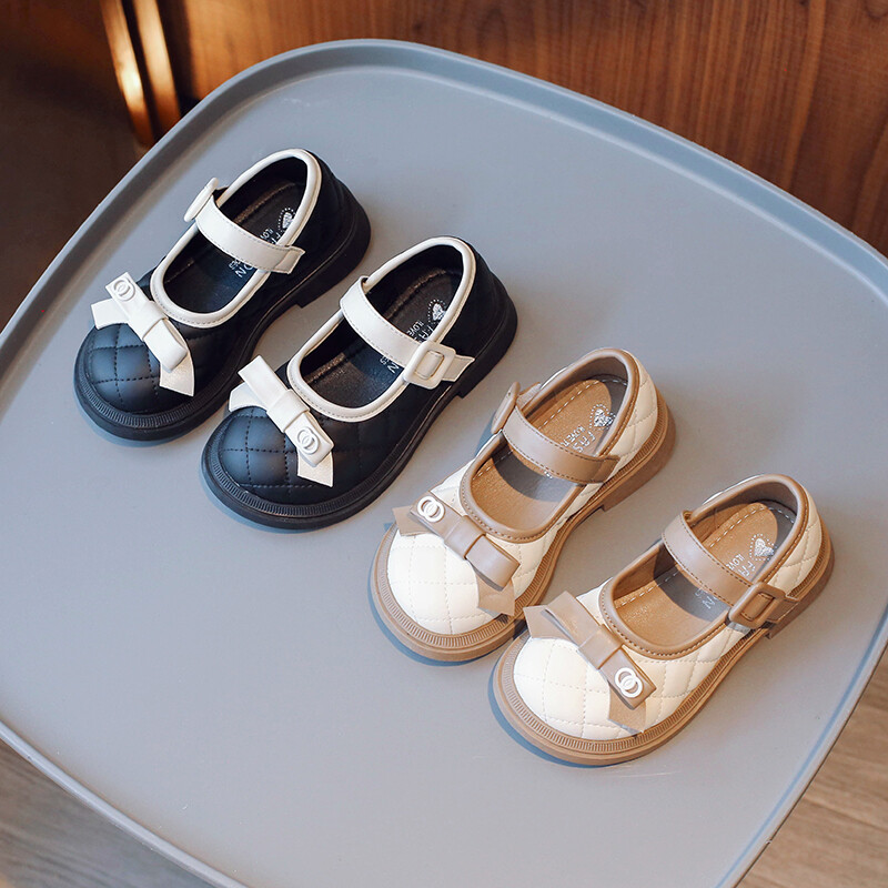 Pantofi din piele pentru fete bej/negru cu fundă anti-alunecare vârf rotund, primăvară și toamnă în aer liber pantofi din piele PU pentru fete Sandalias De Mujer