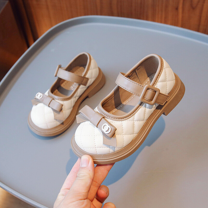 Pantofi din piele pentru fete bej/negru cu fundă anti-alunecare vârf rotund, primăvară și toamnă în aer liber pantofi din piele PU pentru fete Sandalias De Mujer